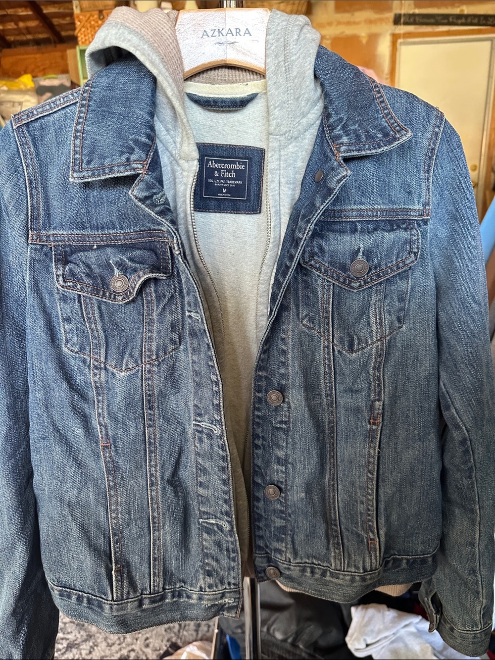 Abercrombie & Fitch Blue Denim Jacket with Gray Hooded Liner